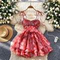 Birthday dress for women, french sweet, palace style, waist slimming look, elegant suspender mesh printing puffy dress