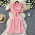 K-style pink buttoned knittingdress women's 2026 summer silmwork clothingelegant silmslimming look a-line skirt