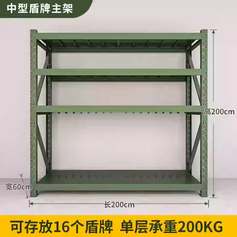 Army green shield, shovel, iron pick, material, barracks, security, combat readiness, warehouse, armed forces equipment, thickened storage shelves