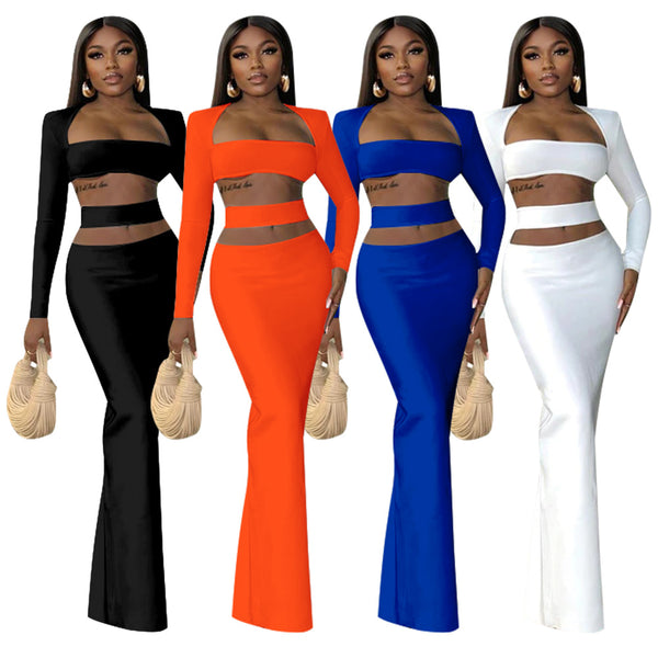 K10357 Independent Station European and American Cross-border Fashion Women's Clothing Autumn and Winter Solid Color One-word Neck Long Sleeve Sexy Navel Skirt Set