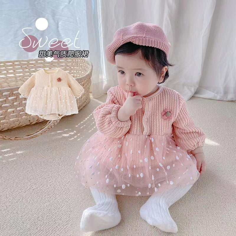 Spring & fall full moon baby girl sweetelegant double-layer one-piece hoodie, western-style princess, 100-day baby outing romper