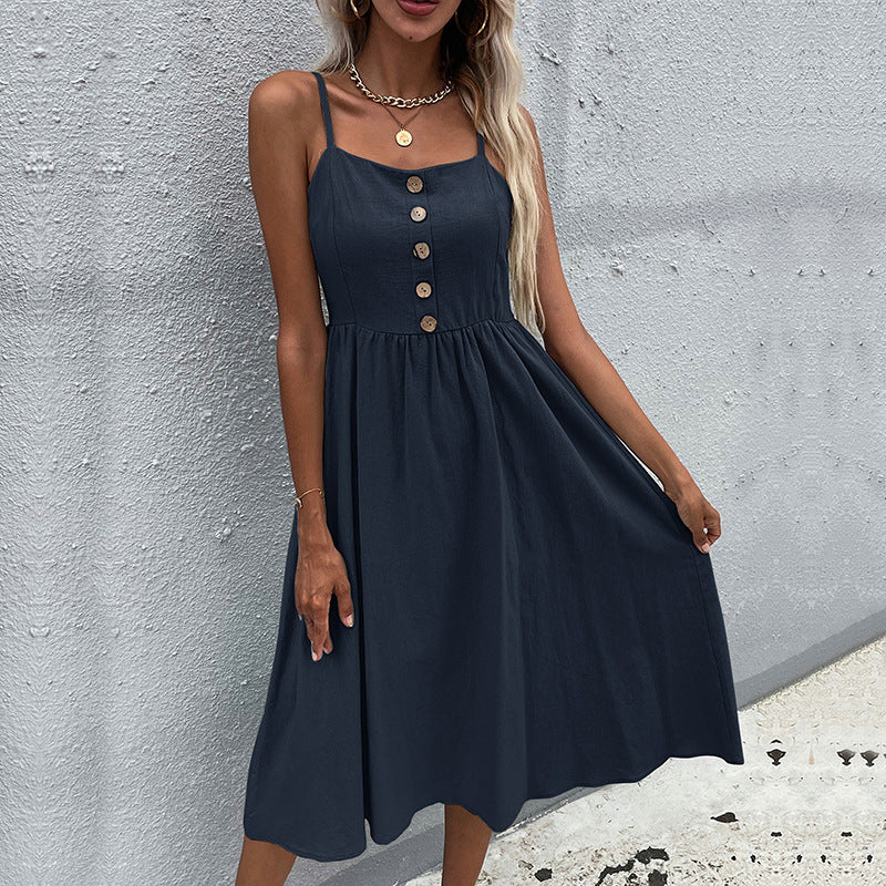 Spot   independent station women's clothing summer new European and American suspender skirt slim-fitting solid color cotton and linen dress