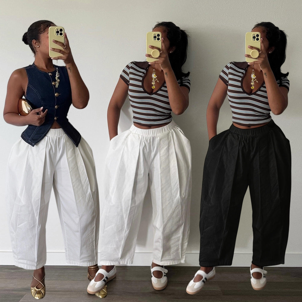 S391656 cross-border white elastic high waist women's harem pants loose pleated casual pants casual wide leg pants