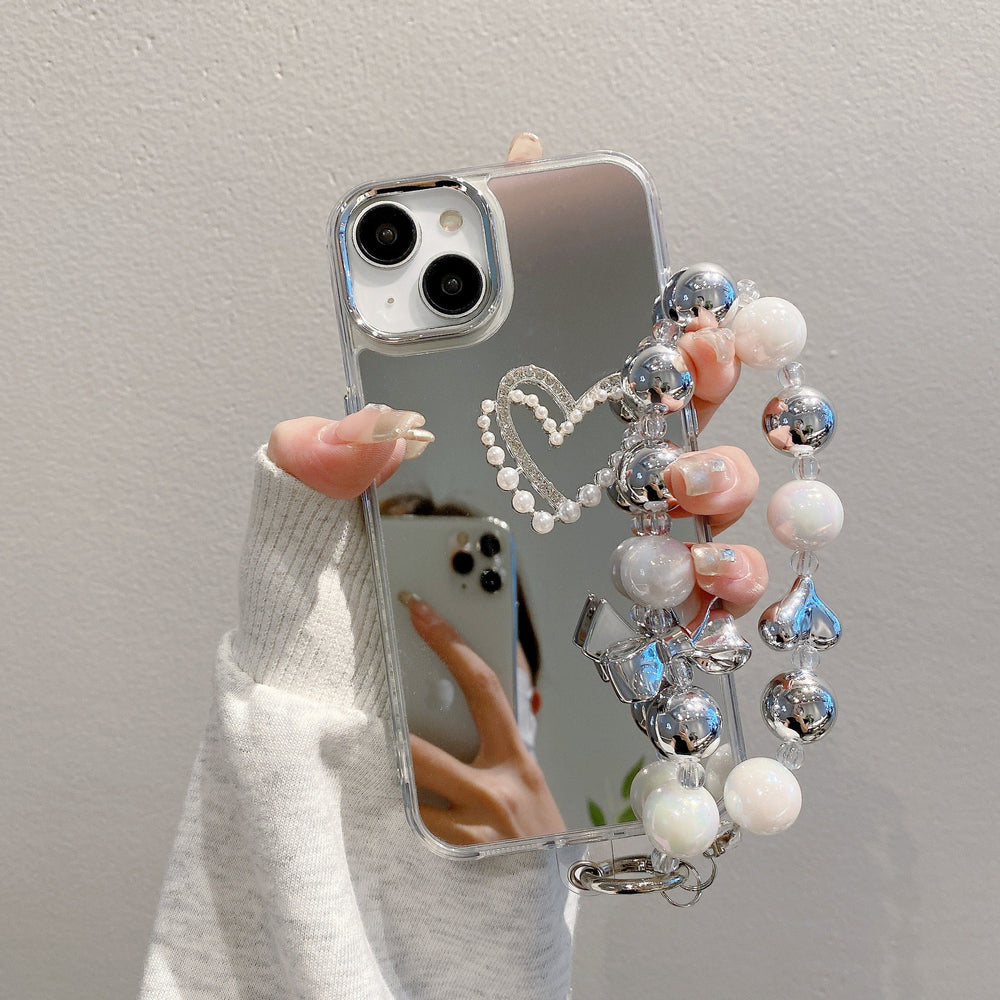 Mirror-finish apple 16 pro silver bowknot phone case, iphone 15/12 compatible, anti-drop hard protective case with wrist strap