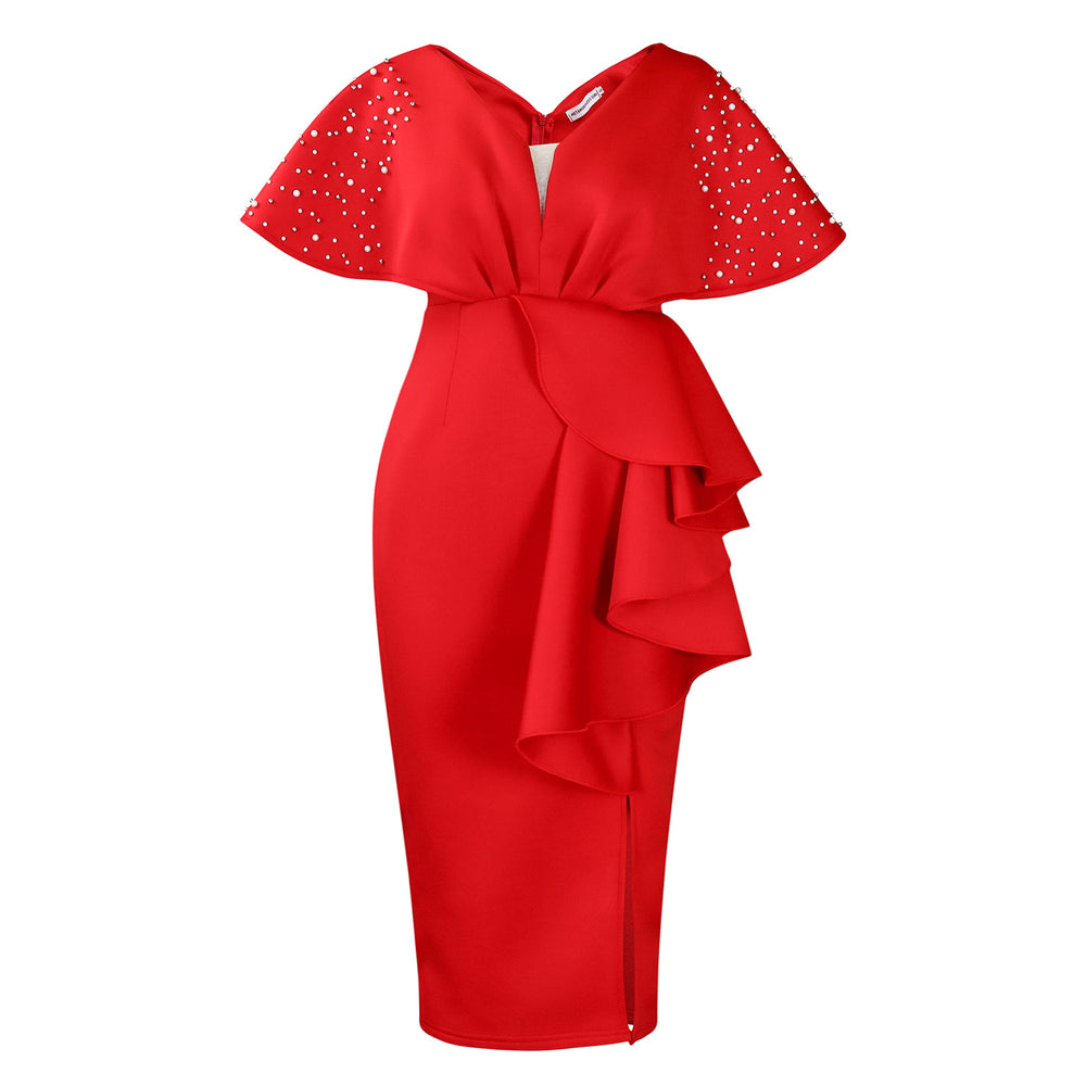 D516  summer sexy v-neck ruffle slit beaded evening gown - elegant socialite style banquet dress