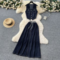 Summer outfit set for women: chic, retro sleeveless v-neck denim vest with high-waisted, flowy midi skirt - two-piece set