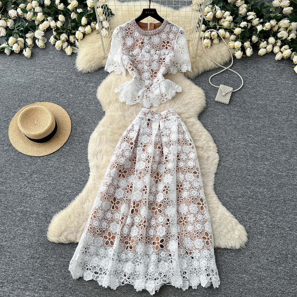French chic lace bubble sleeve top & high-waisted midi skirt two-piece set -  summer slimming outfit