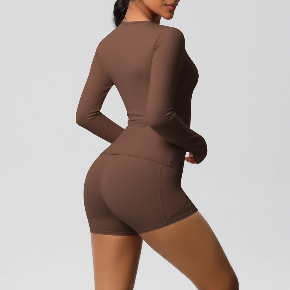 New arrival: european and american style solid color double-sided brushed nylon long-sleeve yoga set - activewear two-piece for running and fitness