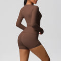 New arrival: european and american style solid color double-sided brushed nylon long-sleeve yoga set - activewear two-piece for running and fitness