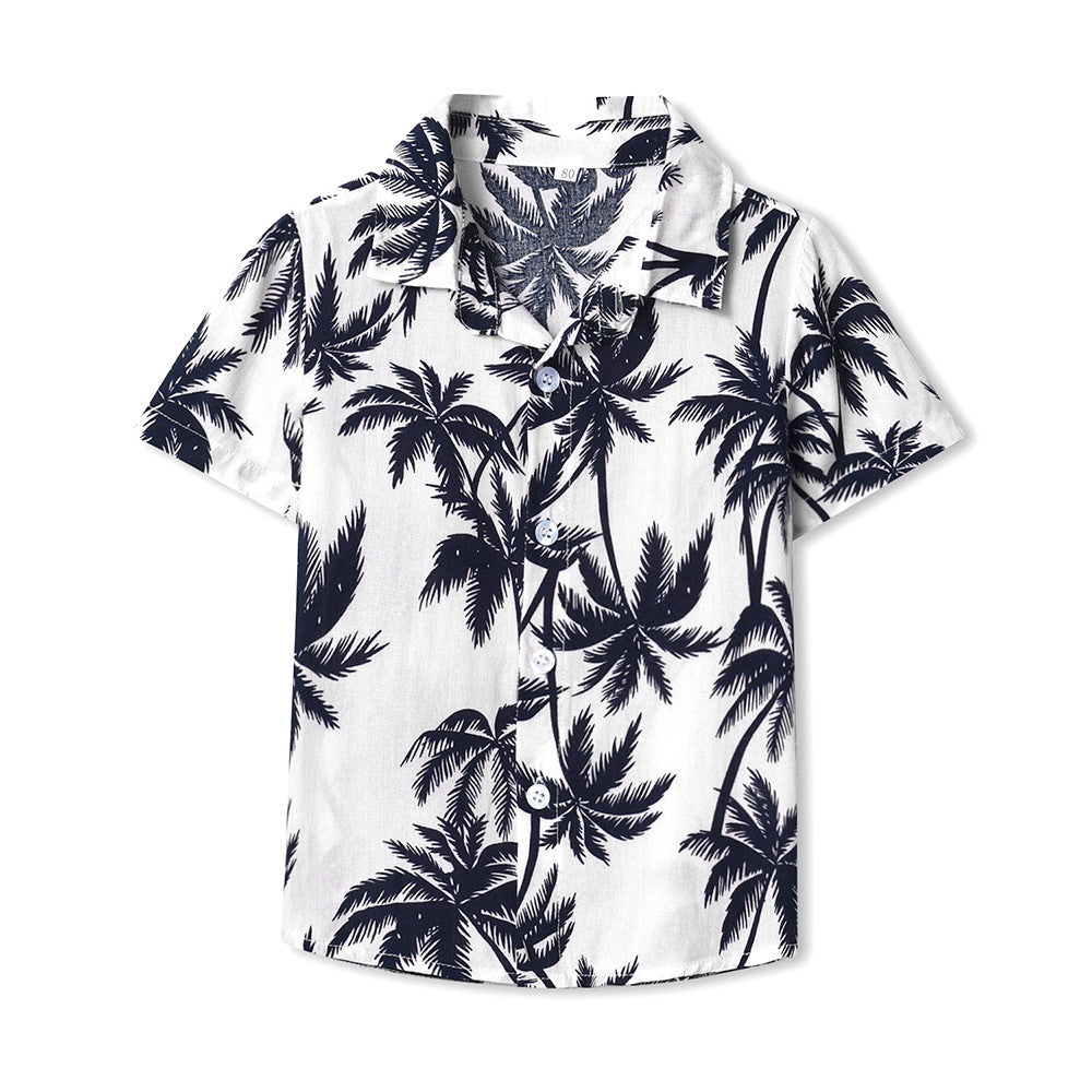 Summernew arrival cross-border kids shirt short-sleeved shirt fried handsome retro beach style printingshirt boys shirt