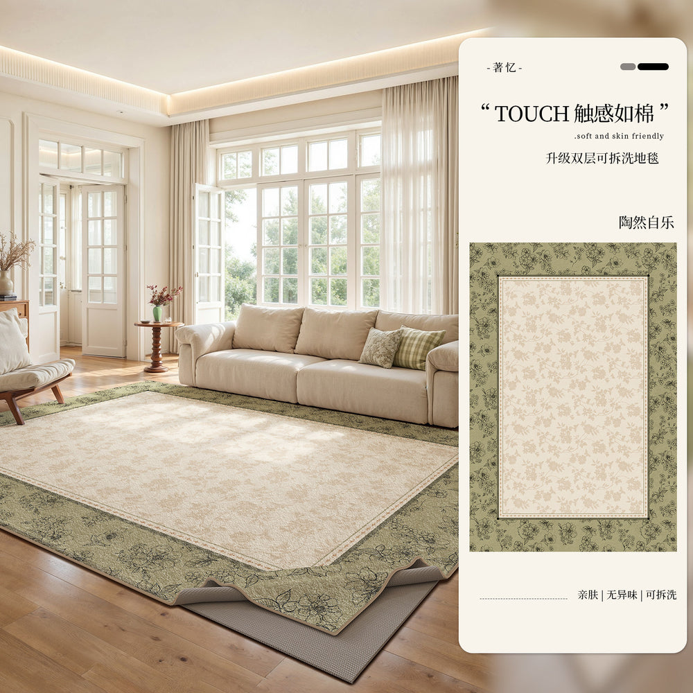 Removable and washable carpet for living room and bedroom, green retro medieval style, machine washable, double layer classy soundproof floor mat for home use