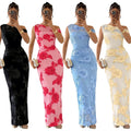 C7670 cross-border   fashion women's elegant mesh one-shoulder bodycon dress