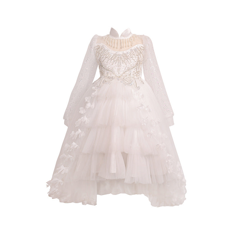 Amazon new girls' dress - train, lace, and tulle tutu - flower girl, banquet, and performance dress - cross-border ready stock