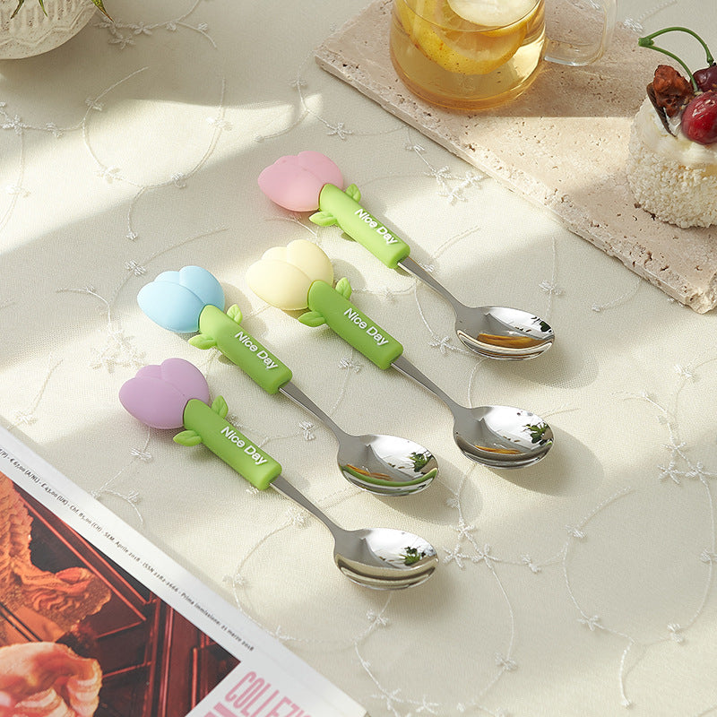 Cartoon tulip school portable 304 stainless steel cutlery set - cute dessert forks and spoons for kids