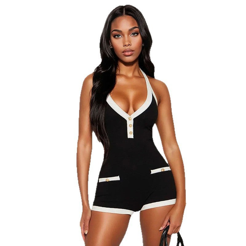 new european and american style women's fashion black and white color block sexy v-neck halter backless micro jumpsuit