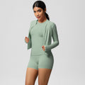 European and american nude feel cardigan jacket, crew neck short sleeve t-shirt, casual yoga set, running sports fitness three-piece outfit