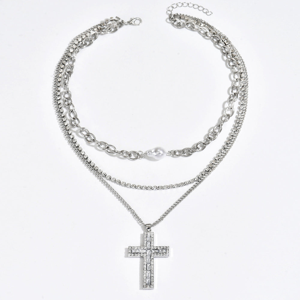 European and american cross-border jewelry: fashionable, light luxury, full diamond cross pendant necklace, multi-layered punk minimalist choker