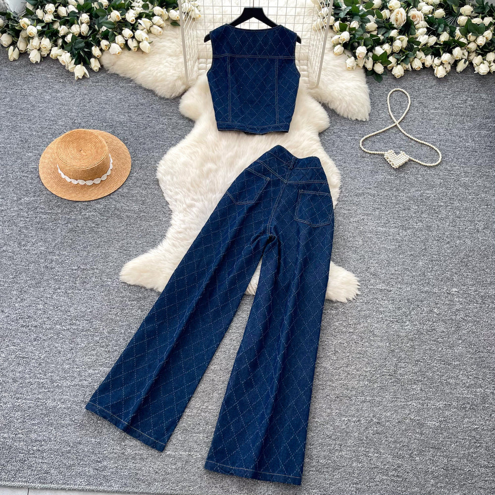 K-stylework clothing style denim two-piece set women's summer sleeveless vest high waist pants silm pants slimming lookelegantsuit