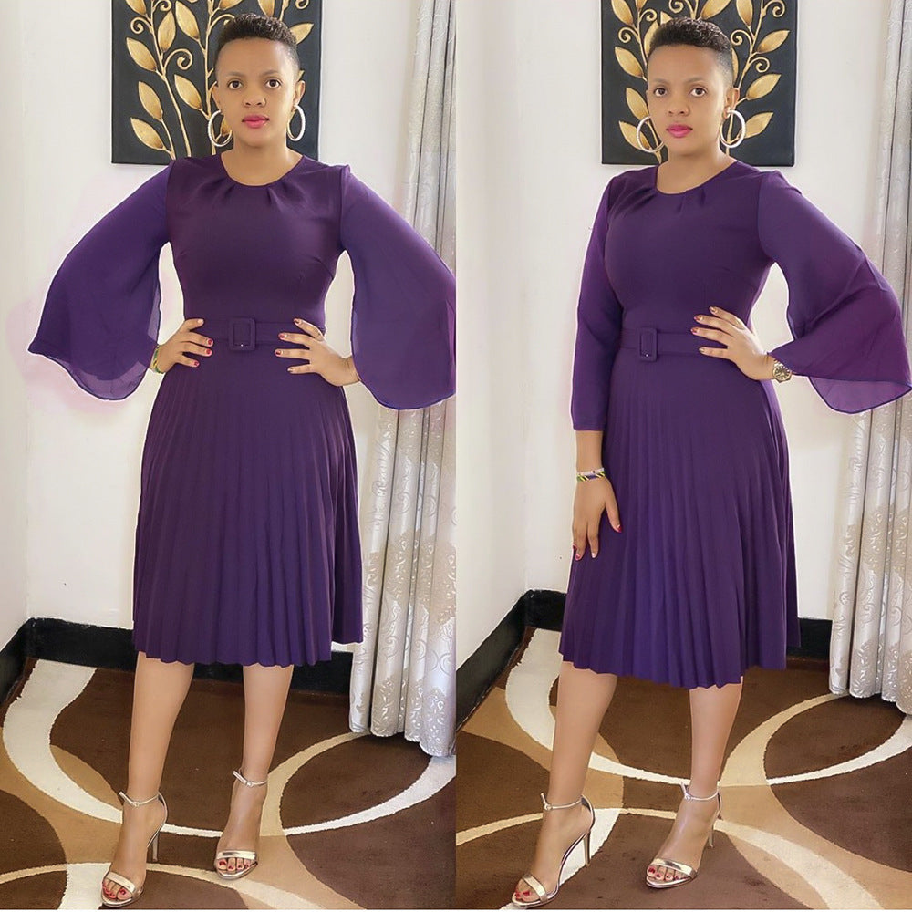 Aliexpress  new long sleeve midi solid color dress african women's plus size pleated skirt with belt