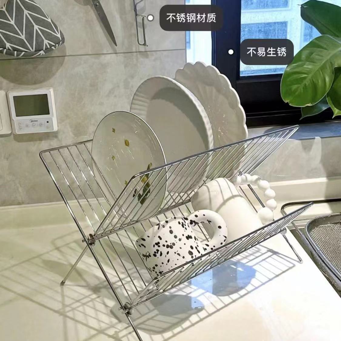 X-type foldable drain bowl rack, double-layer kitchen drain rack, countertop type with water tray, kitchen dish storage rack