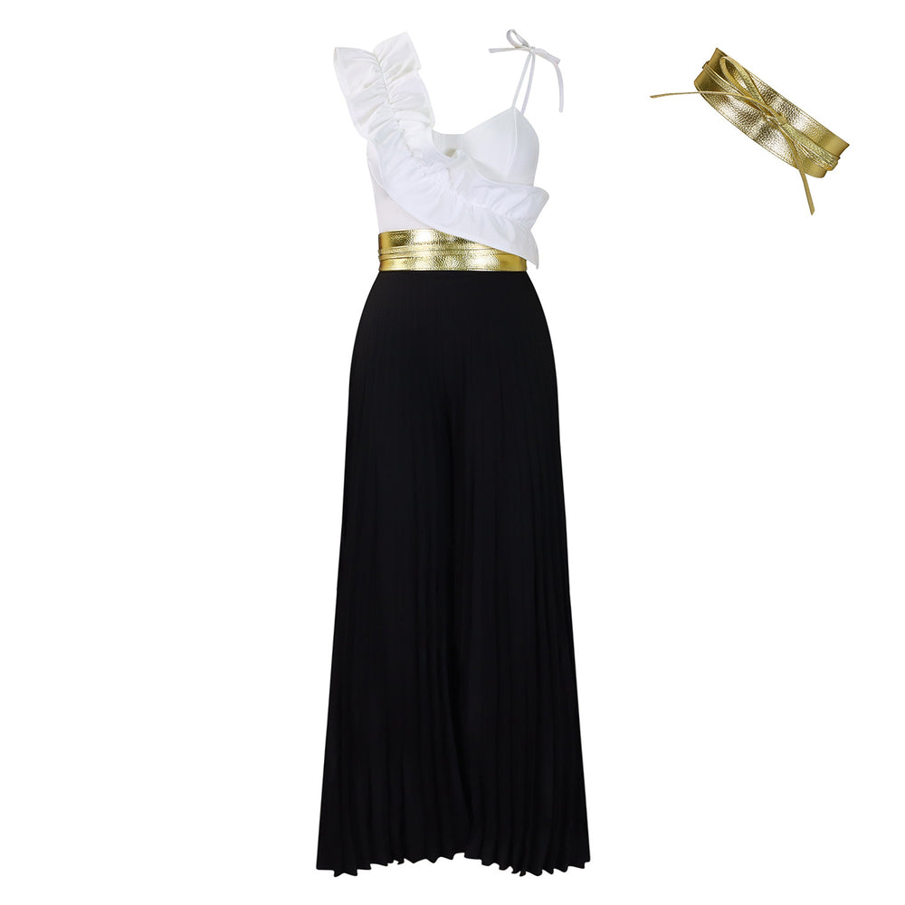 C8605 european and american style  foreign trade sexy ruffle sleeveless top wide leg pants fashion set