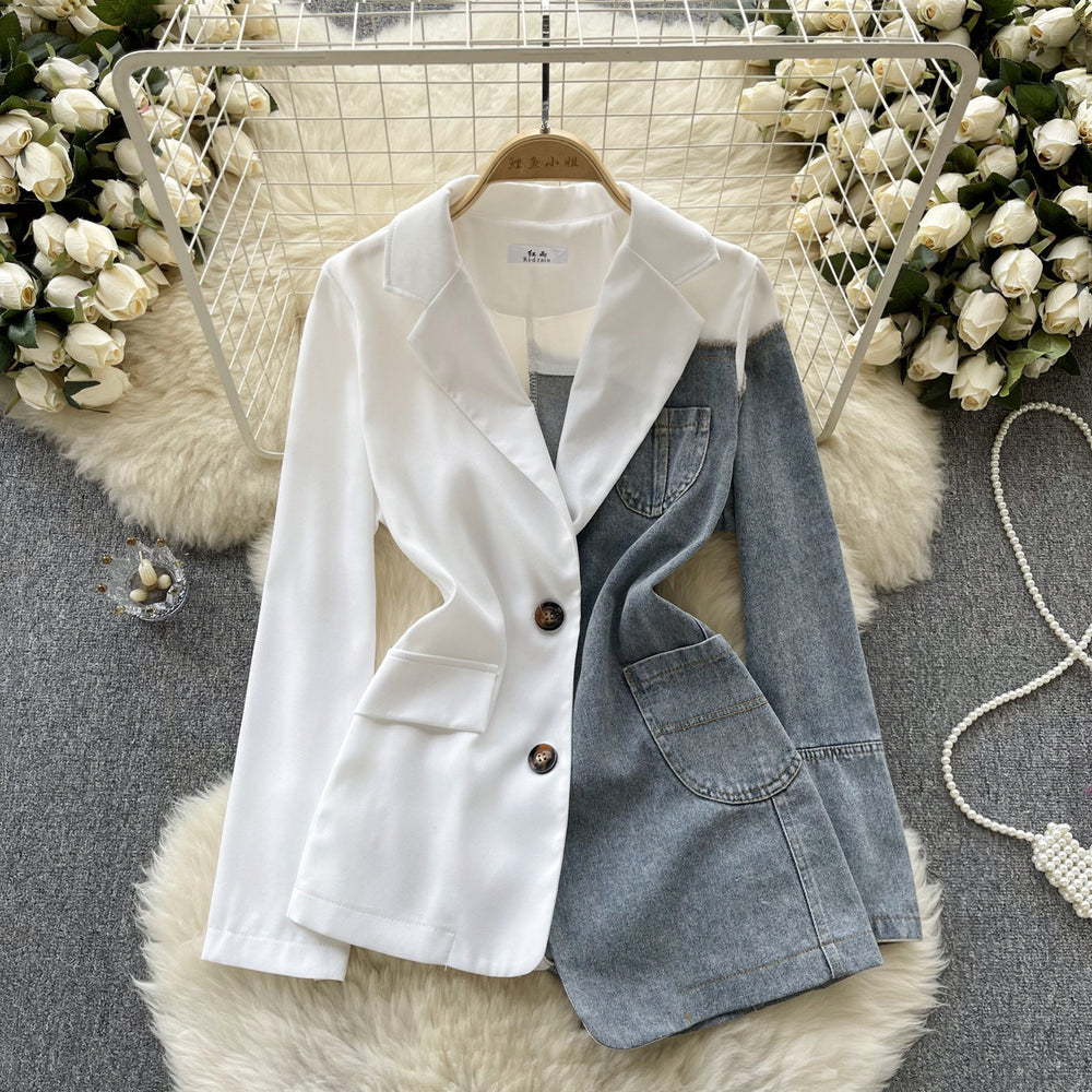 Luxury european and american style blazer for women - irregular patchwork denim design, statement piece, powerful and chic top, trendy