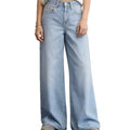 Fashion style light blue washed denim pants women's button front flap pocket pants high waistloose pantsslimming lookmopjeans