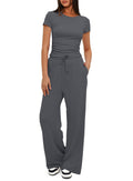 2024 european and american amazon new arrival: solid color casual set - ruched short sleeve top & high-waisted wide leg pants tracksuit