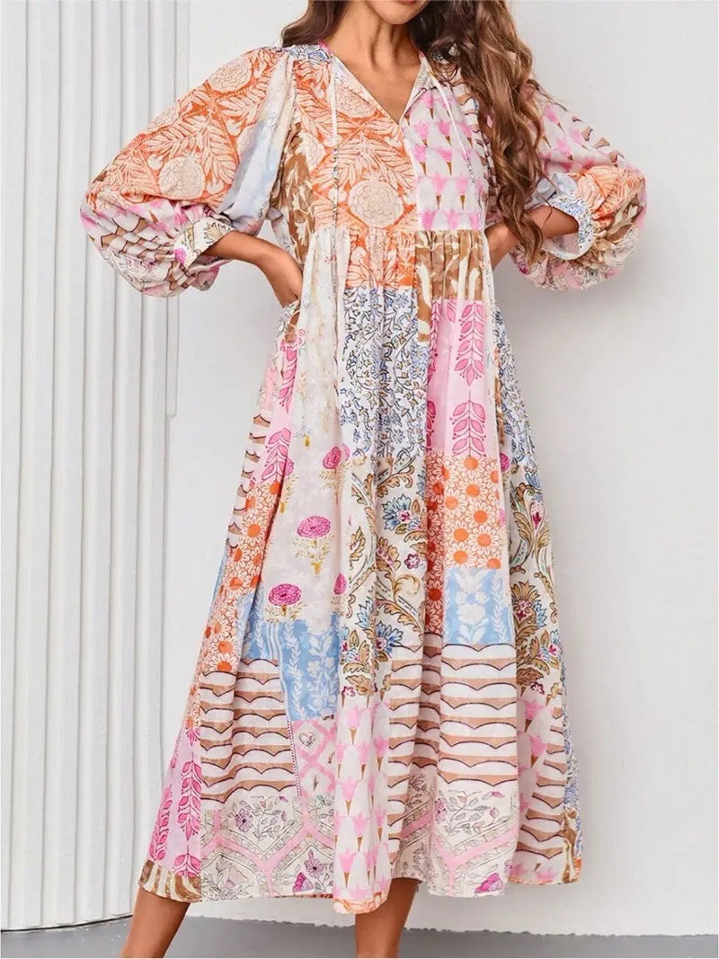 European and american cross-border   hot seller: bohemian lantern sleeve fashion print maxi dress