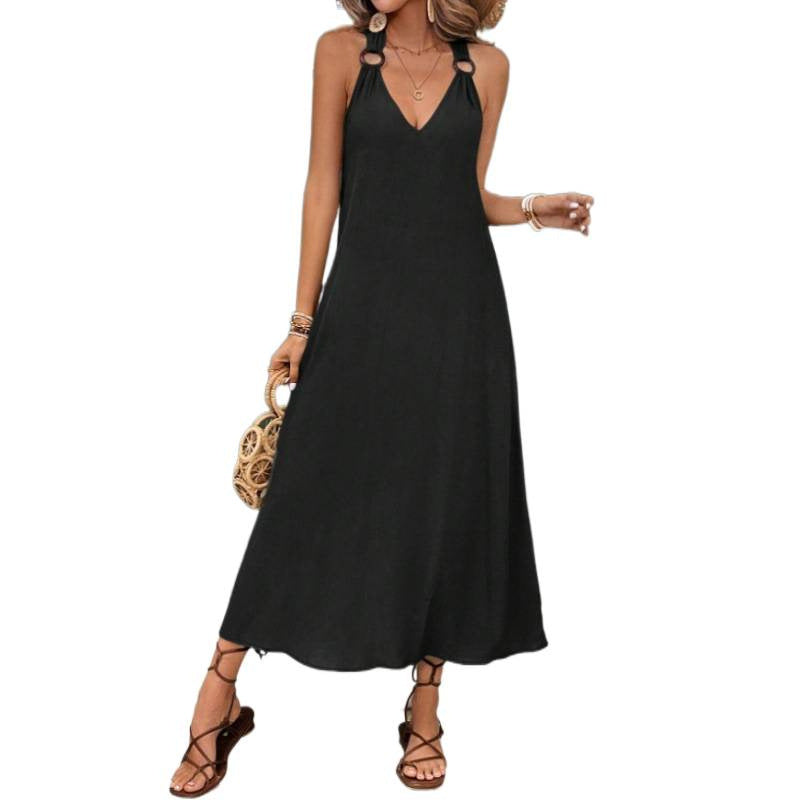 fashionv neckdress ring decorative shoulder strap summer clothing beach women's dress