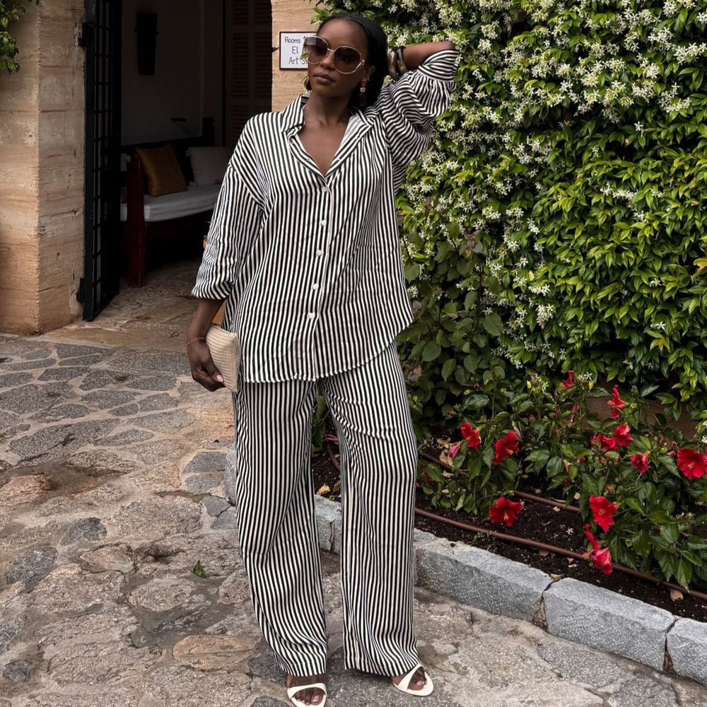 European and american cross-border african women's clothing  summer new fashion striped loose long-sleeved shirt and high-waisted pants set