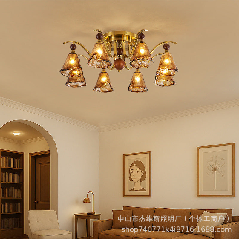 French retro solid wood round bead multi-head gradient caramel wave glass bedroom main light b&b study american atmosphere