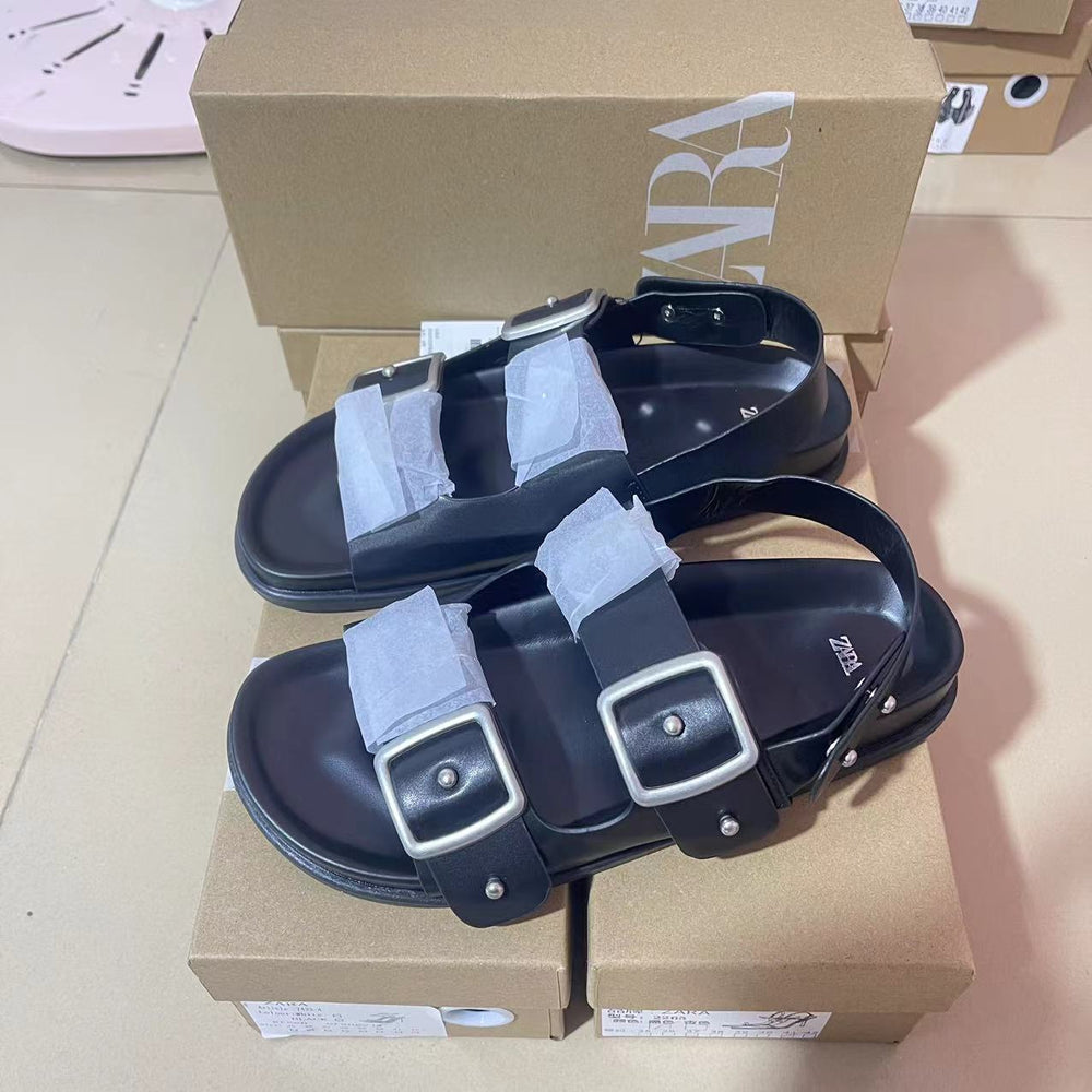 Za2024 autumn new arrivals: women's european & american fashion sandals - black studded flat leather sandals for outdoor wear