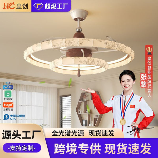 Song-style aesthetics bedroom ceiling fan light retro pattern fabric Nanyang style high-end living room Zhongshan lamps