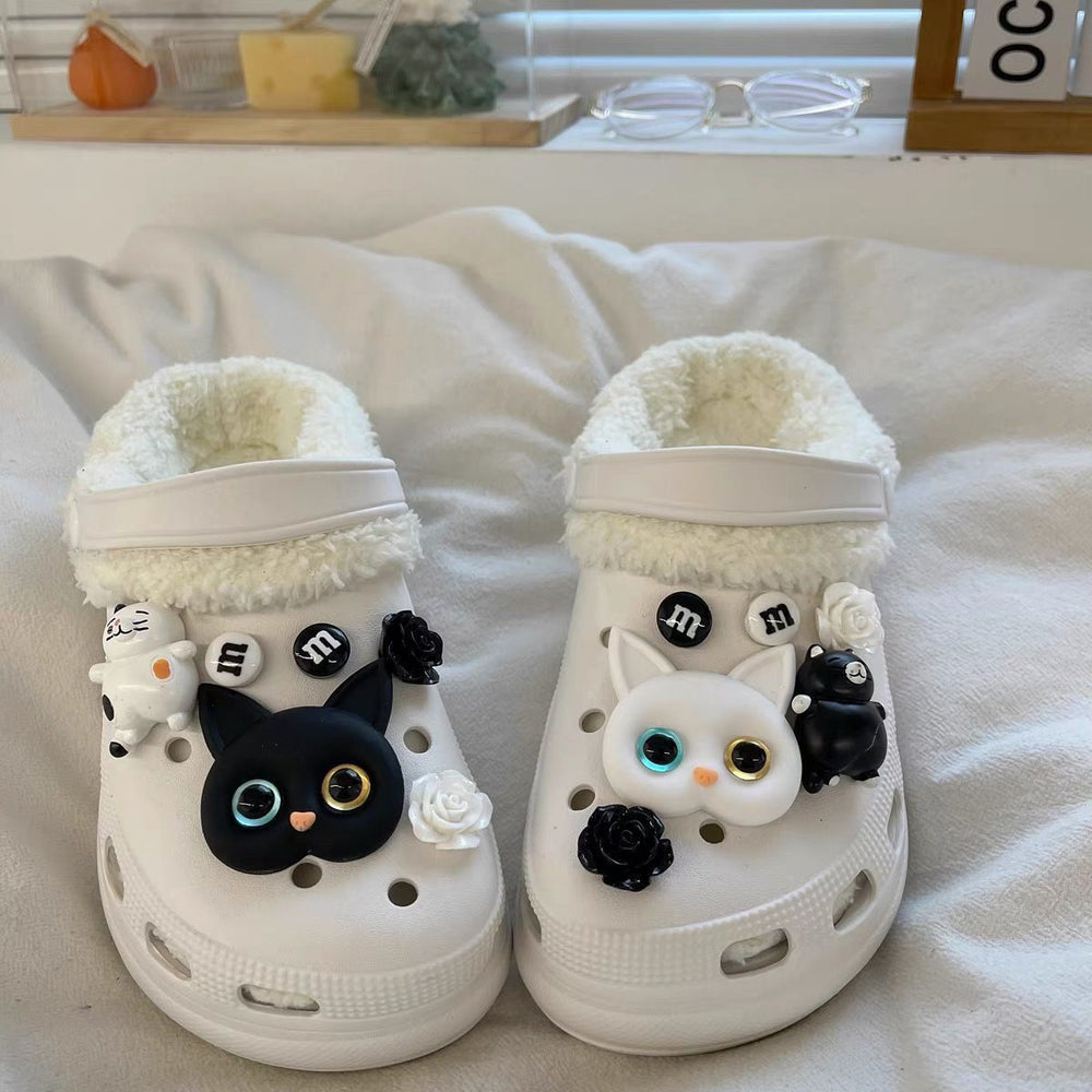 Detachable fleece-lined clogs for women, autumn/winter, girly high-heeled cute student anti-slip cotton slippers, fuzzy cotton shoes