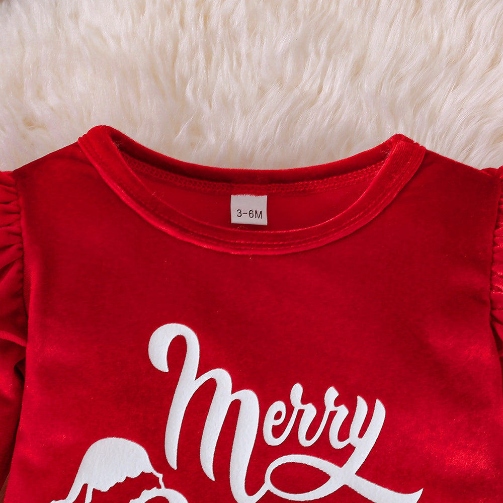 christmas girl's cute letter print long-sleeve romper + flare pants + hat three-piece christmas set