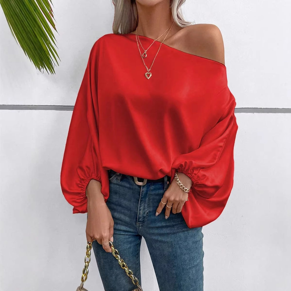 Amazon us & europe fashion independent store  winter new off-the-shoulder satin blouse - loose, asymmetrical top