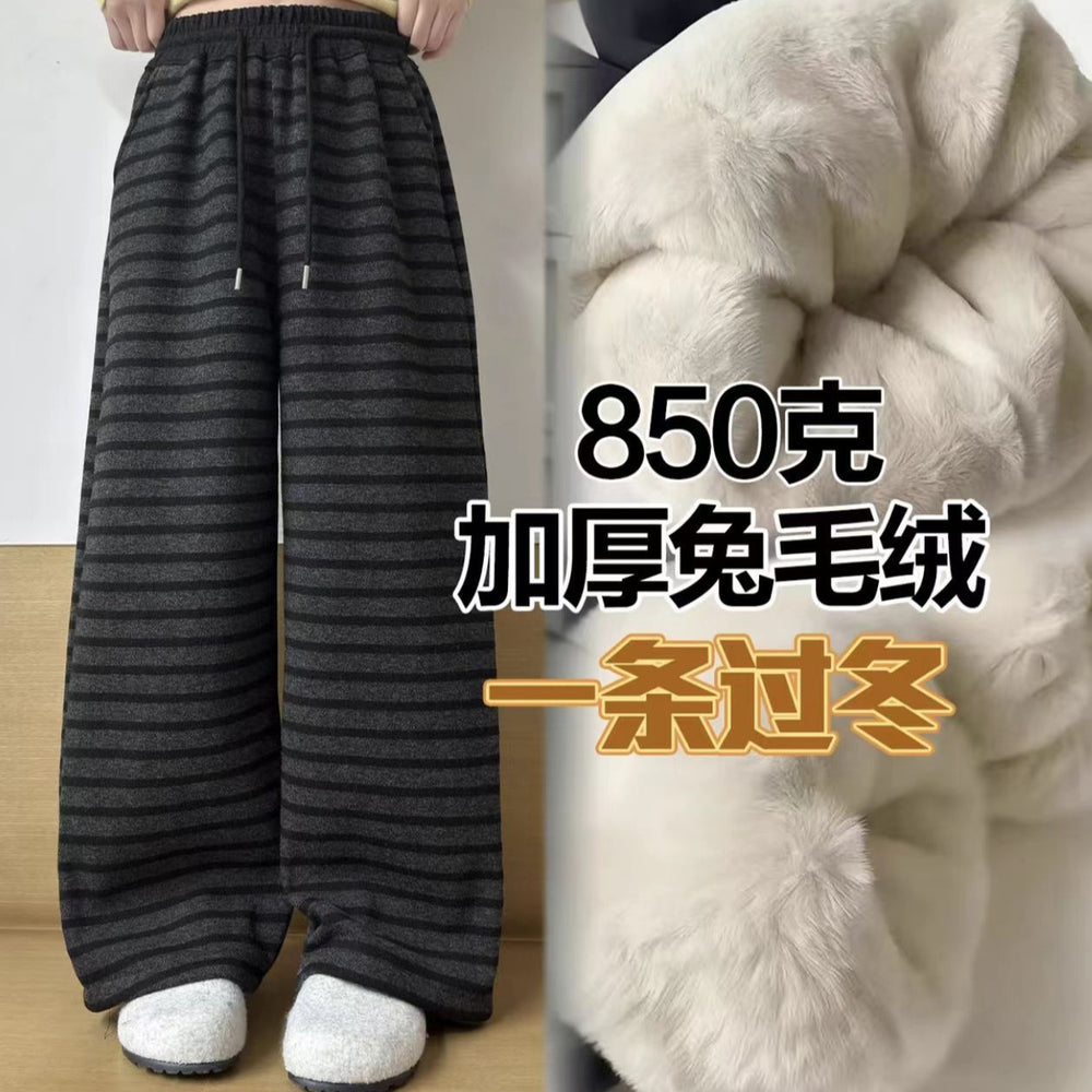 Customizable girls' winter fleece-lined sweatpants: 850g faux rabbit fur, one-piece design for winter, available in sizes for mid-to-large children