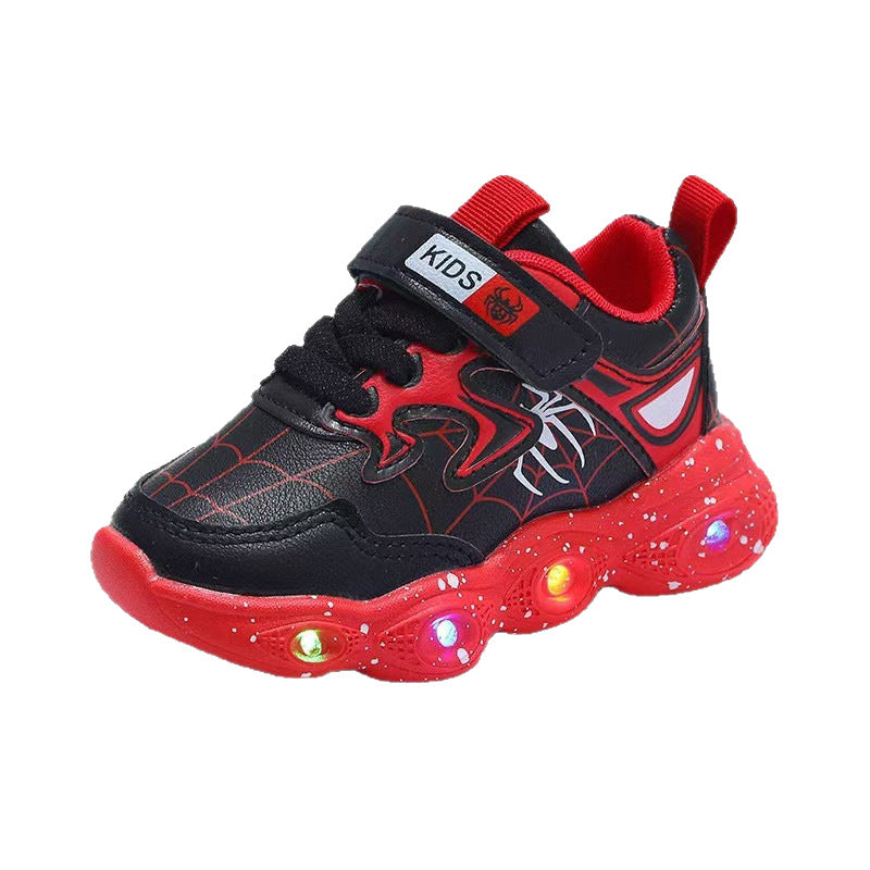 Spring/autumn new korean style leather spider-man led light-up shoes for boys, ages 1-6, athletic casual sneakers