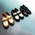 Grape mom retro brown leather loafers - chunky heel, gold coin detail, british style, women's vintage flats