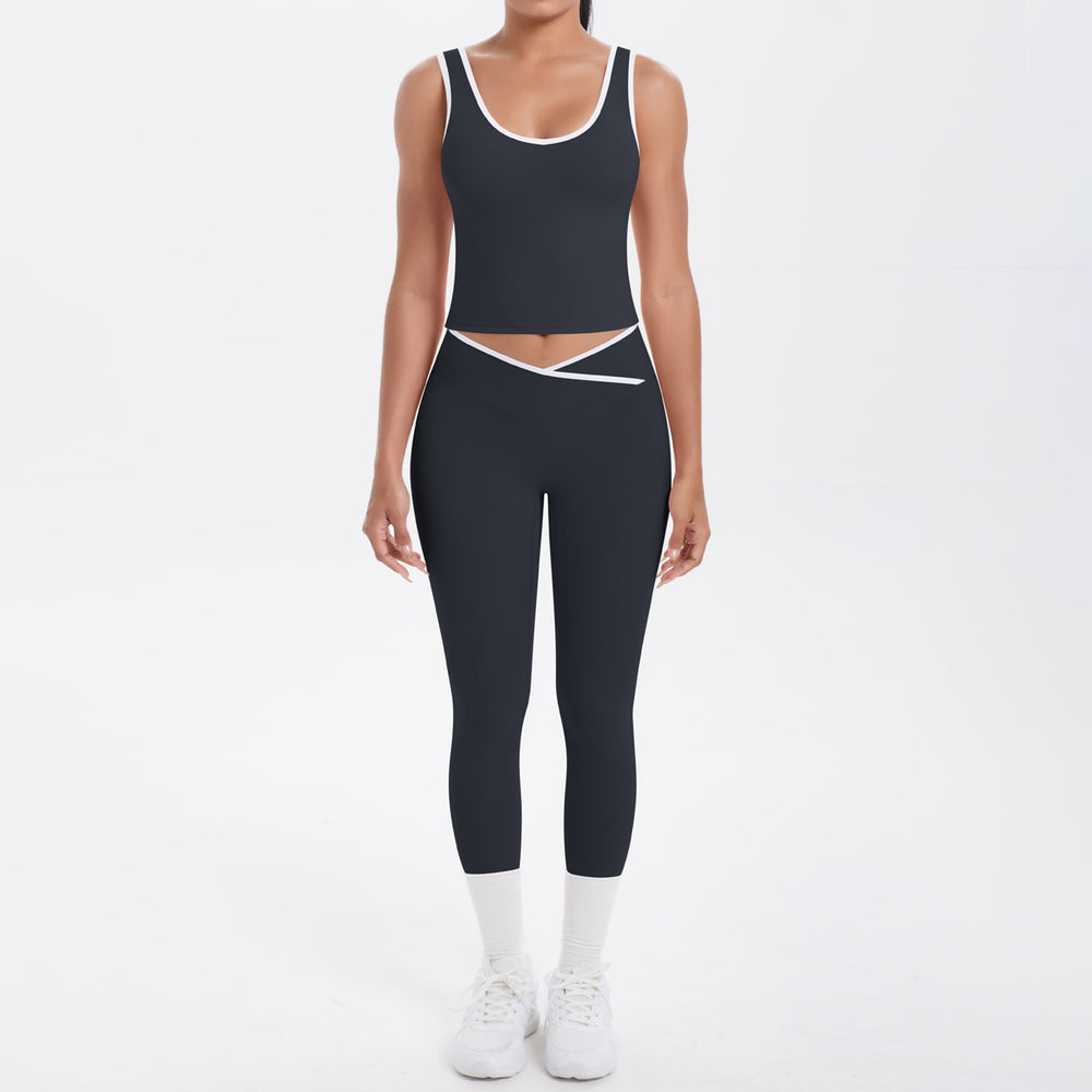 New arrivalnude contrast color sports vest yoga clothes cross high waist hip lifting tight pants suit running fitness clothes