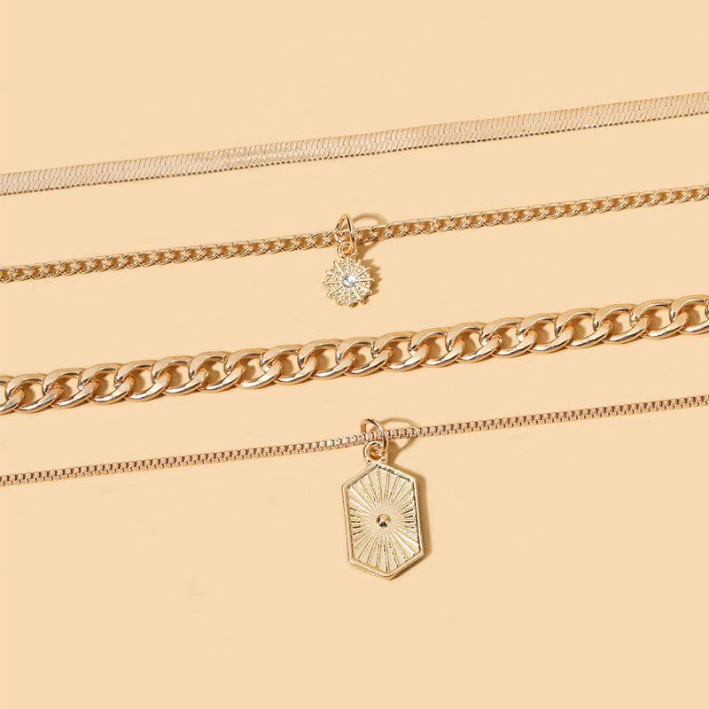 Wholesale alloy necklaces - new european and american cross-border style: minimalist diamond-studded rhombus square pendant, sun charm, multi-layer choker necklace for women