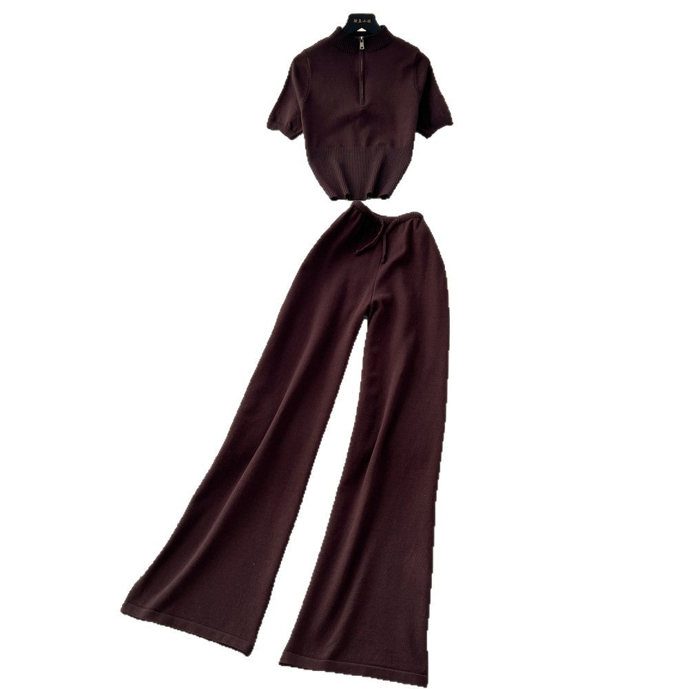 K-stylework clothing style silmtwo-piece set female summernew arrival short-sleeved tops slightly flared pants easiest for matchfashionhigh waistsuit