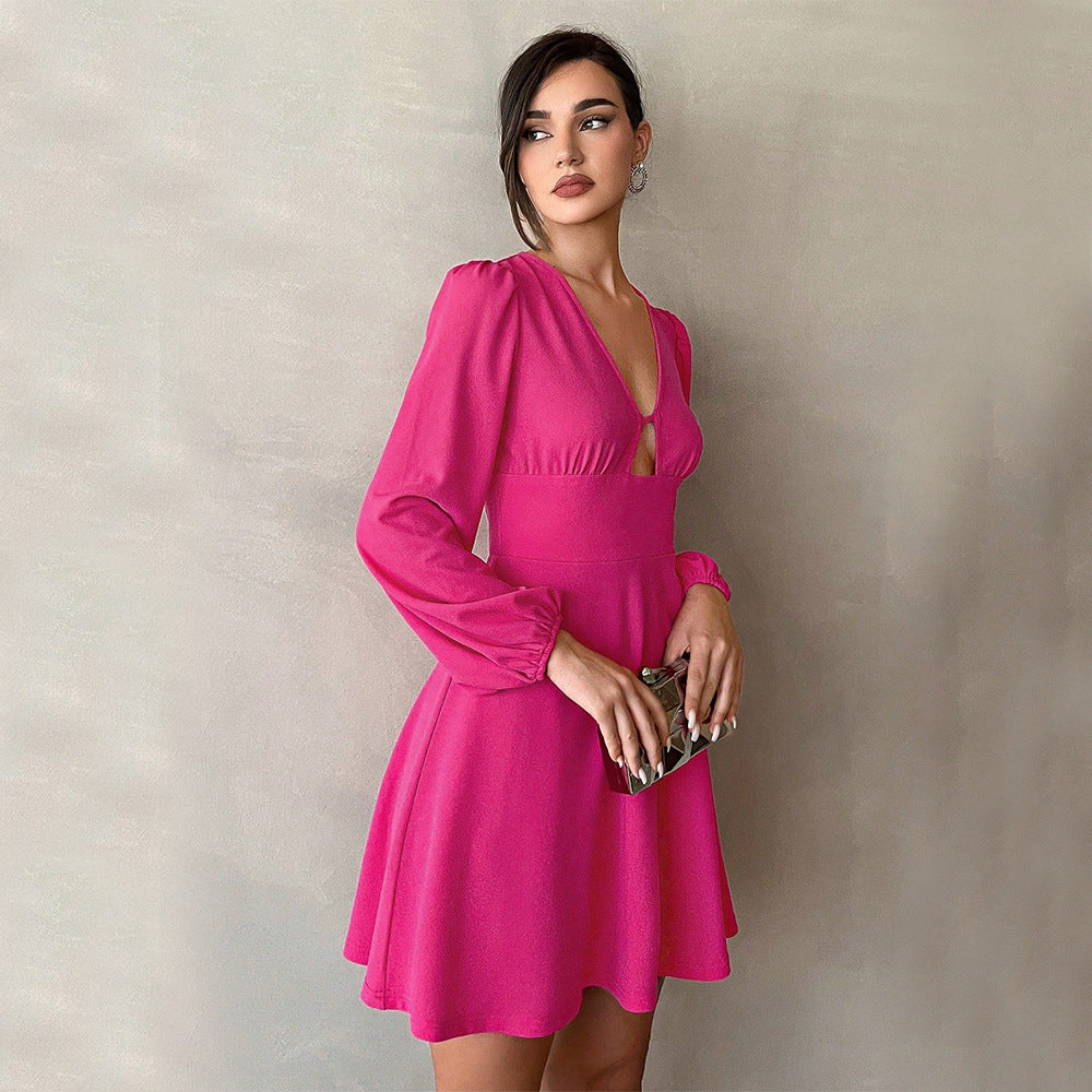 Export cross-border fashion for women in europe and america  fall and winter new arrival waist v-neck puff sleeve a-line skirt elegant mini dress