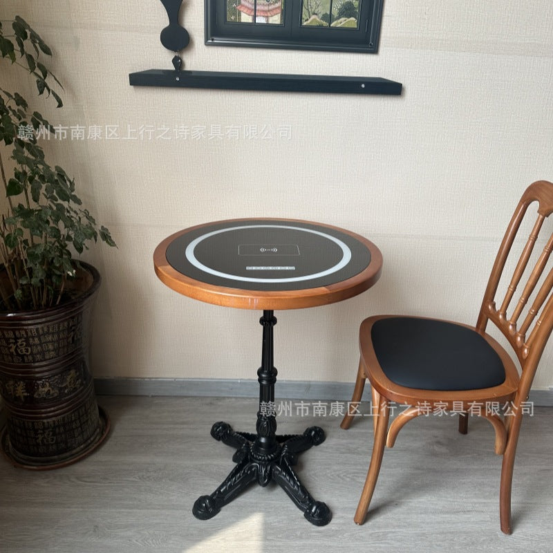 Hotel negotiation table retro dining table with wireless charging bluetooth audio all solid wood desktop small round table desk