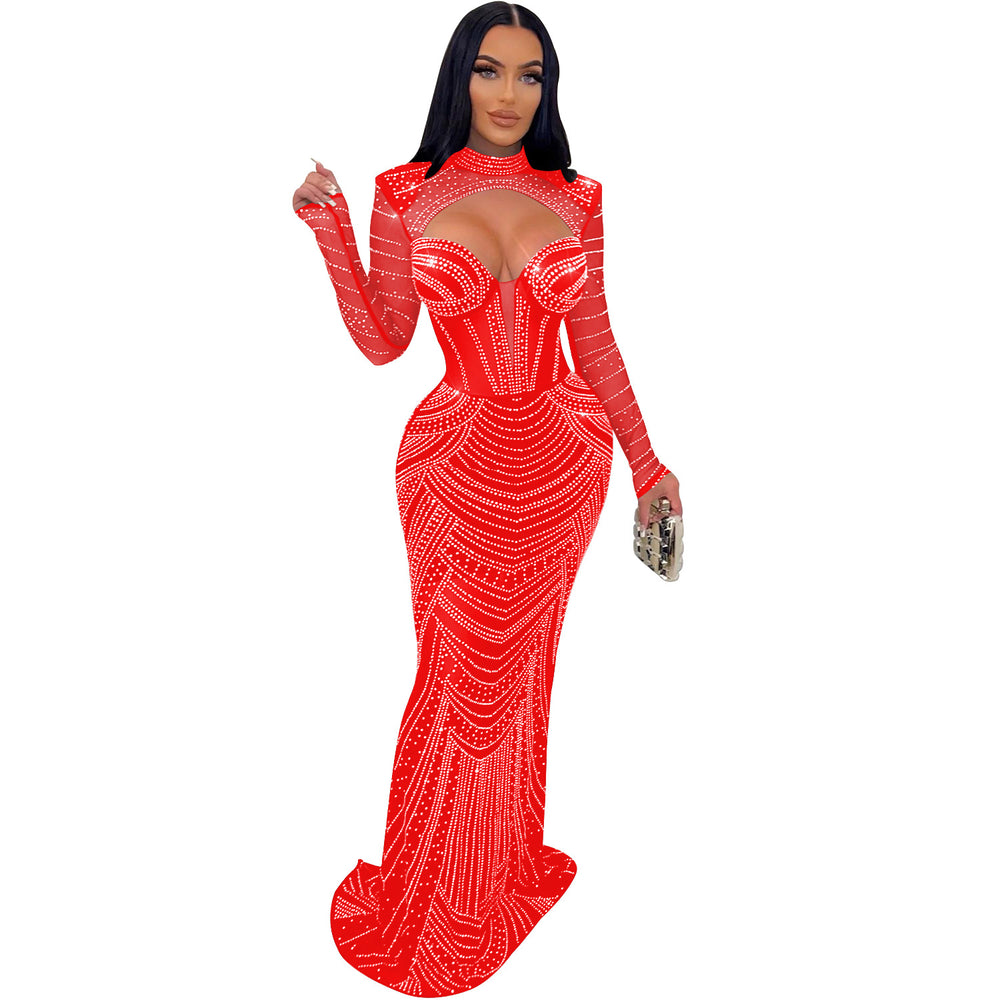 C6170 cross-border   fashion women's solid color hotfix rhinestone mesh long sleeve v-neck dress