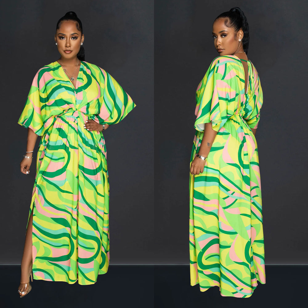 X6615 cross-border   fashion women's v-neck vintage print slit maxi dress
