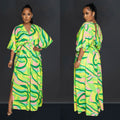 X6615 cross-border   fashion women's v-neck vintage print slit maxi dress