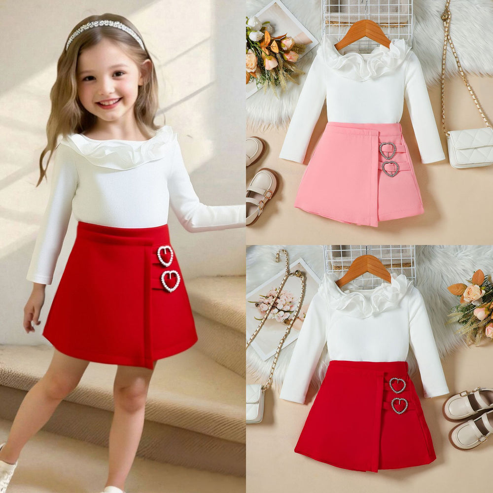 European and american autumn new girls' outfit: off-the-shoulder lace-trimmed long-sleeve top + asymmetrical skirt-pants two-piece set