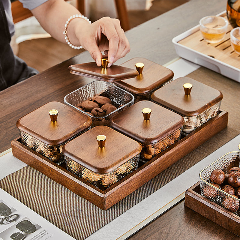 Walnut wood fruit bowl snack storage box - premium glass dried fruit dish - coffee table dessert & candy organizer